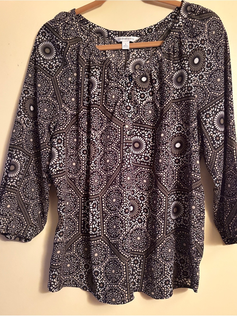 croft & barrow Black and Cream Geometric Floral Print Blouse